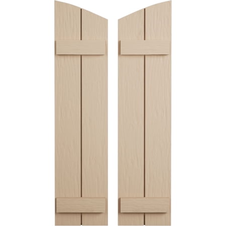 Ekena Millwork 11"W x 30"H (26 3/8" Low Side) Timberthane Rough Sawn Two Board Joined Board-n-Batten w/Elliptical Top Faux Wood Shutters (Per Pair), Primed Tan