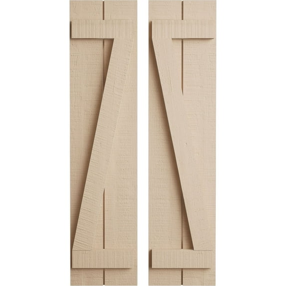 Ekena Millwork 11"W x 32"H Rustic Two Board Joined Board-n-Batten Rough Cedar Faux Wood Shutters w/Z-Board (Per Pair), Primed Tan