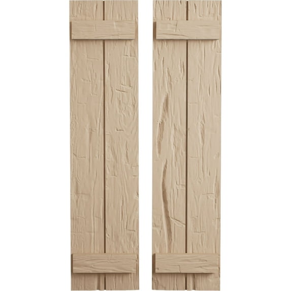 Ekena Millwork 11"W x 38"H Rustic Two Board Joined Board-n-Batten Hand Hewn Faux Wood Shutters (Per Pair), Primed Tan