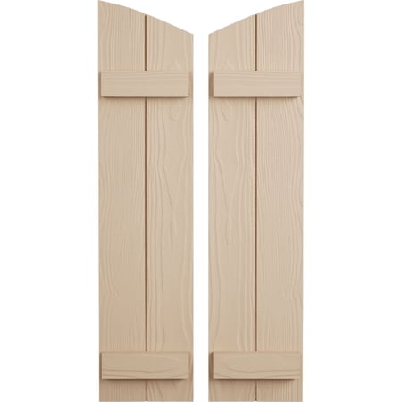 Ekena Millwork 11"W x 40"H (36 3/8" Low Side) Timberthane Sandblasted Two Board Joined Board-n-Batten w/Elliptical Top Faux Wood Shutters (Per Pair), Primed Tan