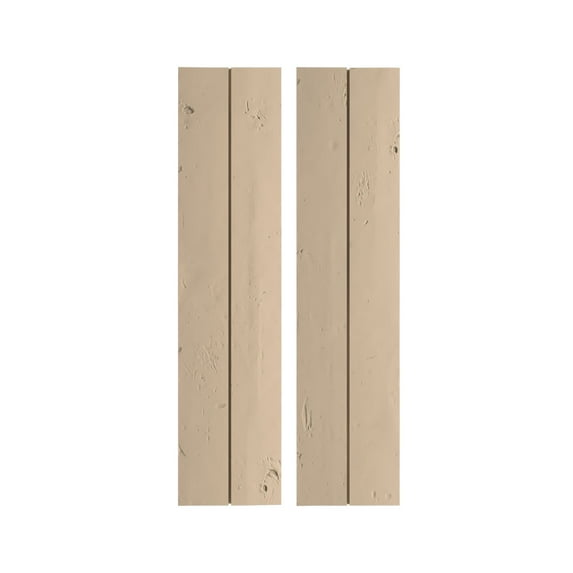 Ekena Millwork 11"W x 42"H Rustic Two Board Joined Board-n-Batten Knotty Pine Faux Wood Shutters w/No Batten (Per Pair), Primed Tan