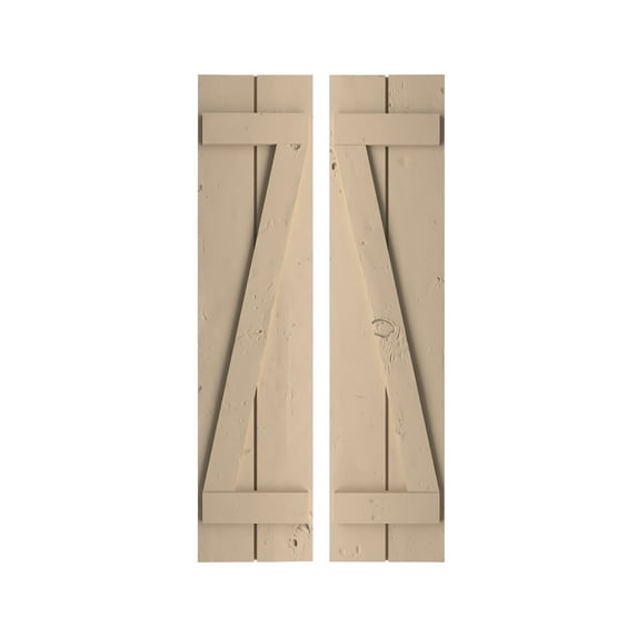 Ekena Millwork 11"W x 42"H Rustic Two Board Joined Board-n-Batten Knotty Pine Faux Wood Shutters w/Z-Board (Per Pair), Primed Tan