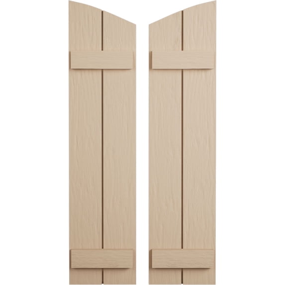 Ekena Millwork 11"W x 44"H (40 3/8" Low Side) Timberthane Rough Sawn Two Board Joined Board-n-Batten w/Elliptical Top Faux Wood Shutters (Per Pair), Primed Tan