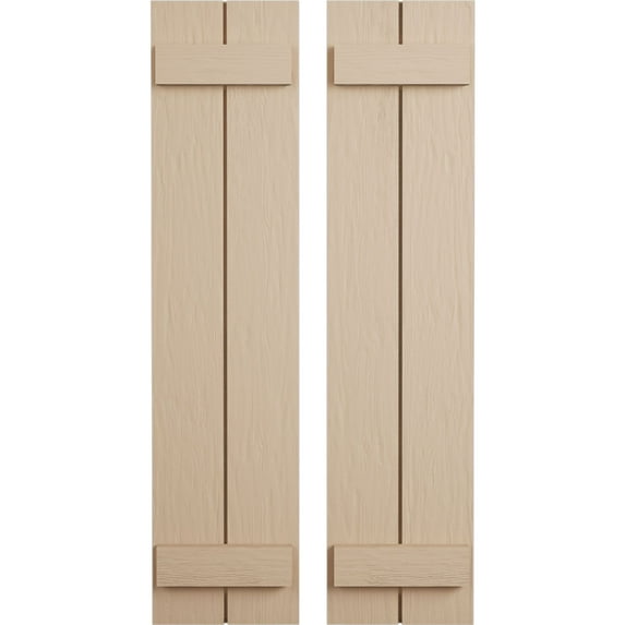 Ekena Millwork 11"W x 44"H Rustic Two Board Joined Board-n-Batten Rough Sawn Faux Wood Shutters (Per Pair), Primed Tan