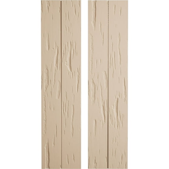Ekena Millwork 11"W x 46"H Rustic Two Board Joined Board-n-Batten Pecky Cypress Faux Wood Shutters w/No Batten (Per Pair), Primed Tan