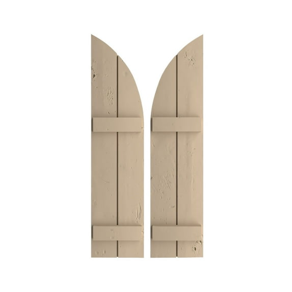 Ekena Millwork 11"W x 48"H (37" Low Side) Timberthane Knotty Pine Two Board Joined Board-n-Batten w/Quarter Round Arch Top Faux Wood Shutters (Per Pair), Primed Tan