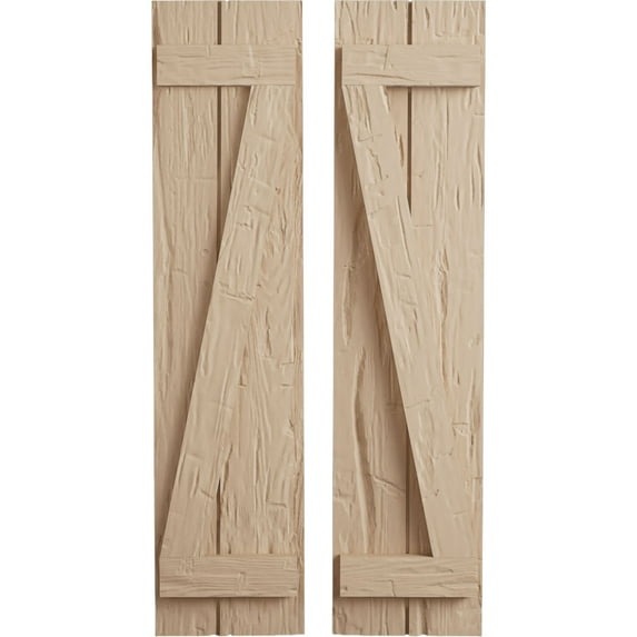Ekena Millwork 11"W x 50"H Rustic Two Board Joined Board-n-Batten Hand Hewn Faux Wood Shutters w/Z-Board (Per Pair), Primed Tan
