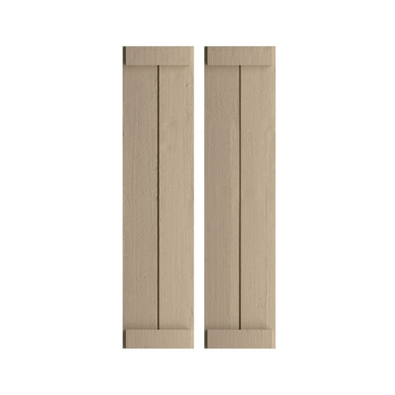 Ekena Millwork 11"W x 50"H Rustic Two Board Joined Board-n-Batten Rough Cedar Faux Wood Shutters w/End Batten (Per Pair), Primed Tan