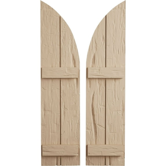 Ekena Millwork 11"W x 52"H (41" Low Side) Timberthane Hand Hewn Two Board Joined Board-n-Batten w/Quarter Round Arch Top Faux Wood Shutters (Per Pair), Primed Tan