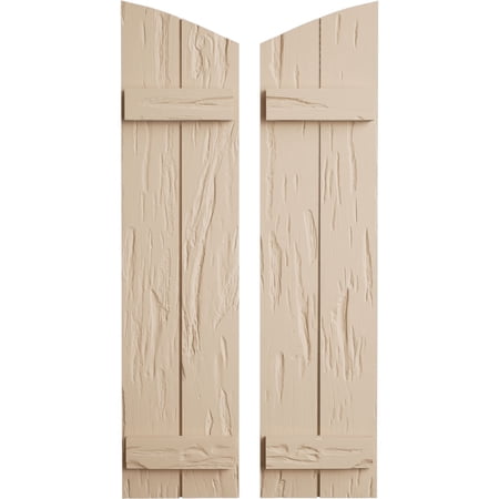 Ekena Millwork 11"W x 52"H (48 3/8" Low Side) Timberthane Pecky Cypress Two Board Joined Board-n-Batten w/Elliptical Top Faux Wood Shutters (Per Pair), Primed Tan