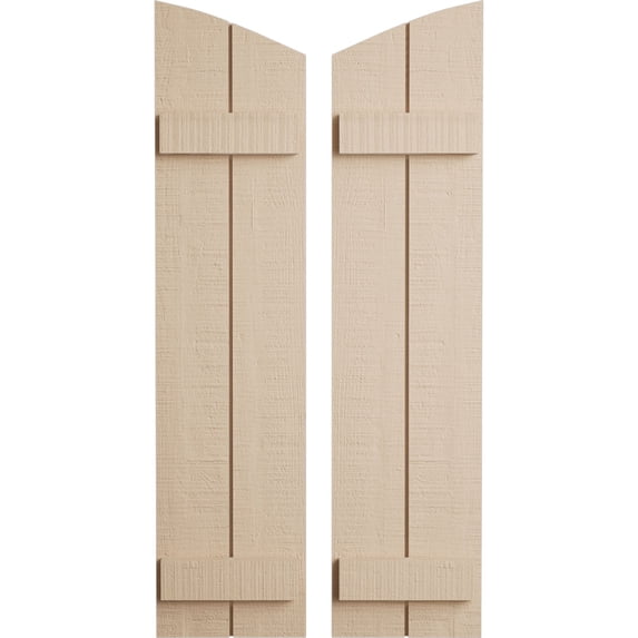 Ekena Millwork 11"W x 52"H (48 3/8" Low Side) Timberthane Rough Cedar Two Board Joined Board-n-Batten w/Elliptical Top Faux Wood Shutters (Per Pair), Primed Tan