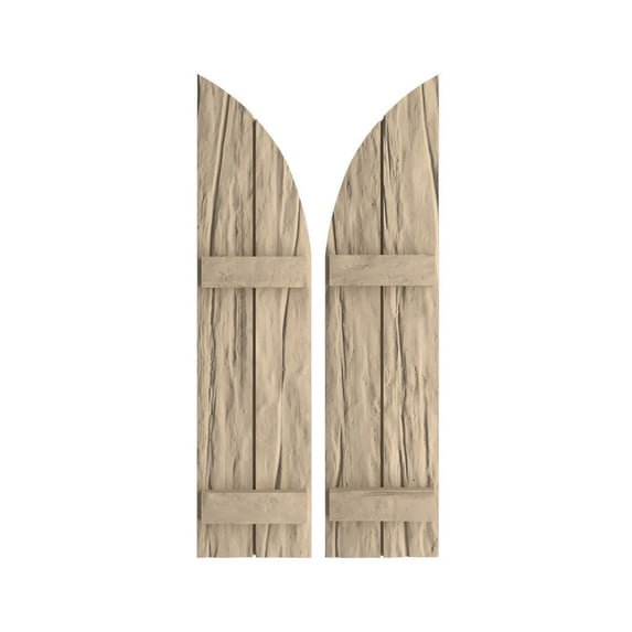 Ekena Millwork 11"W x 54"H (43" Low Side) Timberthane Riverwood Two Board Joined Board-n-Batten w/Quarter Round Arch Top Faux Wood Shutters (Per Pair), Primed Tan