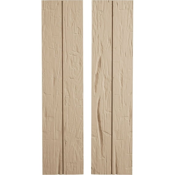 Ekena Millwork 11"W x 54"H Rustic Two Board Joined Board-n-Batten Hand Hewn Faux Wood Shutters w/No Batten (Per Pair), Primed Tan