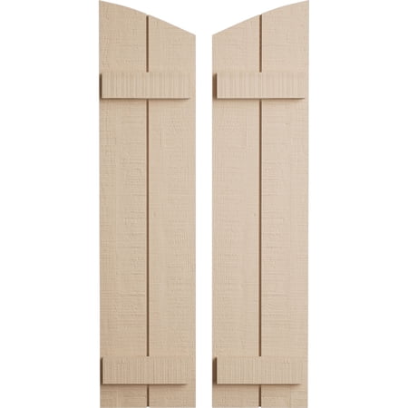 Ekena Millwork 11"W x 58"H (54 3/8" Low Side) Timberthane Rough Cedar Two Board Joined Board-n-Batten w/Elliptical Top Faux Wood Shutters (Per Pair), Primed Tan