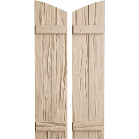 Ekena Millwork 11"W x 60"H (56 3/8" Low Side) Timberthane Riverwood Two Board Joined Board-n-Batten w/Elliptical Top Faux Wood Shutters (Per Pair), Primed Tan