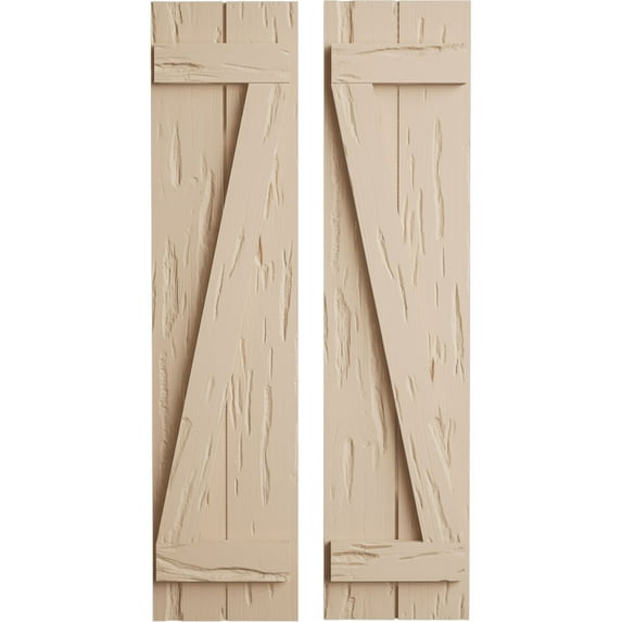 Ekena Millwork 11"W x 60"H Rustic Two Board Joined Board-n-Batten Pecky Cypress Faux Wood Shutters w/Z-Board (Per Pair), Primed Tan