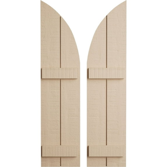 Ekena Millwork 11"W x 68"H (57" Low Side) Timberthane Rough Cedar Two Board Joined Board-n-Batten w/Quarter Round Arch Top Faux Wood Shutters (Per Pair), Primed Tan