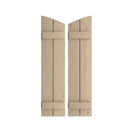 Ekena Millwork 11"W x 70"H (66 3/8" Low Side) Timberthane Knotty Pine Two Board Joined Board-n-Batten w/Elliptical Top Faux Wood Shutters (Per Pair), Primed Tan