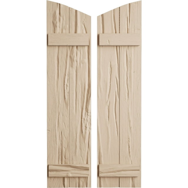 Ekena Millwork 11"W x 70"H (66 3/8" Low Side) Timberthane Riverwood Two Board Joined Board-n-Batten w/Elliptical Top Faux Wood Shutters (Per Pair), Primed Tan