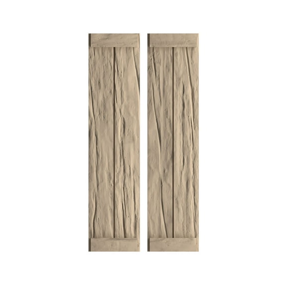 Ekena Millwork 11"W x 70"H Rustic Two Board Joined Board-n-Batten Riverwood Faux Wood Shutters w/End Batten (Per Pair), Primed Tan