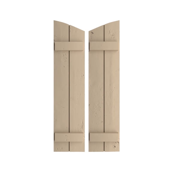 Ekena Millwork 11"W x 72"H (68 3/8" Low Side) Timberthane Knotty Pine Two Board Joined Board-n-Batten w/Elliptical Top Faux Wood Shutters (Per Pair), Primed Tan