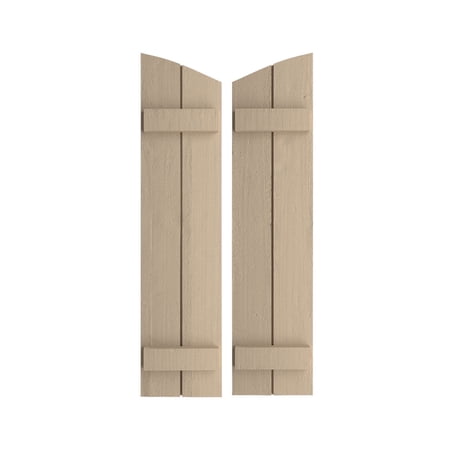 Ekena Millwork 11"W x 72"H (68 3/8" Low Side) Timberthane Rough Cedar Two Board Joined Board-n-Batten w/Elliptical Top Faux Wood Shutters (Per Pair), Primed Tan