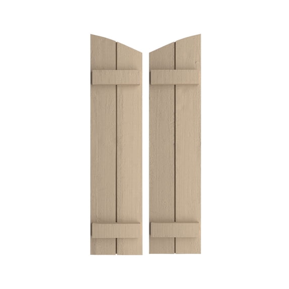 Ekena Millwork 11"W x 72"H (68 3/8" Low Side) Timberthane Rough Cedar Two Board Joined Board-n-Batten w/Elliptical Top Faux Wood Shutters (Per Pair), Primed Tan