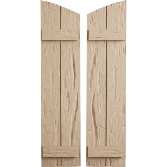 Ekena Millwork 11"W x 76"H (72 3/8" Low Side) Timberthane Hand Hewn Two Board Joined Board-n-Batten w/Elliptical Top Faux Wood Shutters (Per Pair), Primed Tan