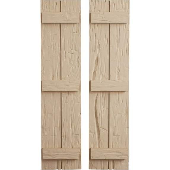 Ekena Millwork 11"W x 76"H Rustic Two Board Joined Board-n-Batten Hand Hewn Faux Wood Shutters (Per Pair), Primed Tan