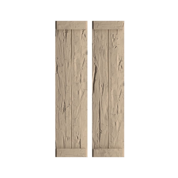 Ekena Millwork 11"W x 76"H Rustic Two Board Joined Board-n-Batten Hand Hewn Faux Wood Shutters w/End Batten (Per Pair), Primed Tan