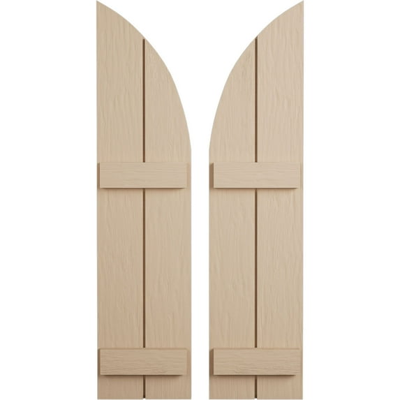 Ekena Millwork 11"W x 78"H (67" Low Side) Timberthane Rough Sawn Two Board Joined Board-n-Batten w/Quarter Round Arch Top Faux Wood Shutters (Per Pair), Primed Tan