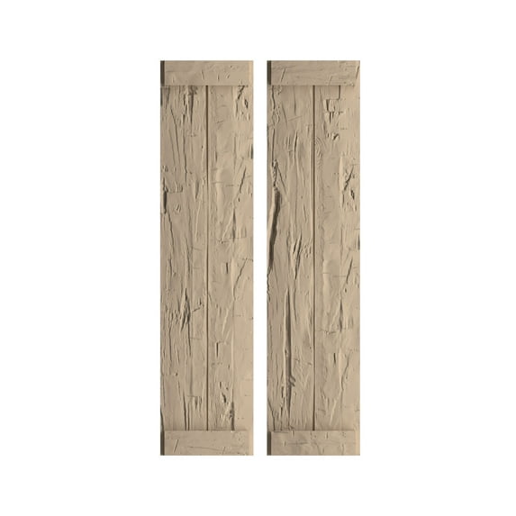 Ekena Millwork 11"W x 78"H Rustic Two Board Joined Board-n-Batten Hand Hewn Faux Wood Shutters w/End Batten (Per Pair), Primed Tan