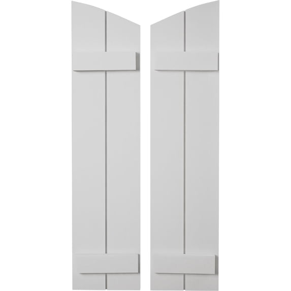 Ekena Millwork 11"W x 80"H (76 3/8" Low Side) Timberthane Smooth Two Board Joined Board-n-Batten w/Elliptical Top Faux Wood Shutters (Per Pair), Primed Tan