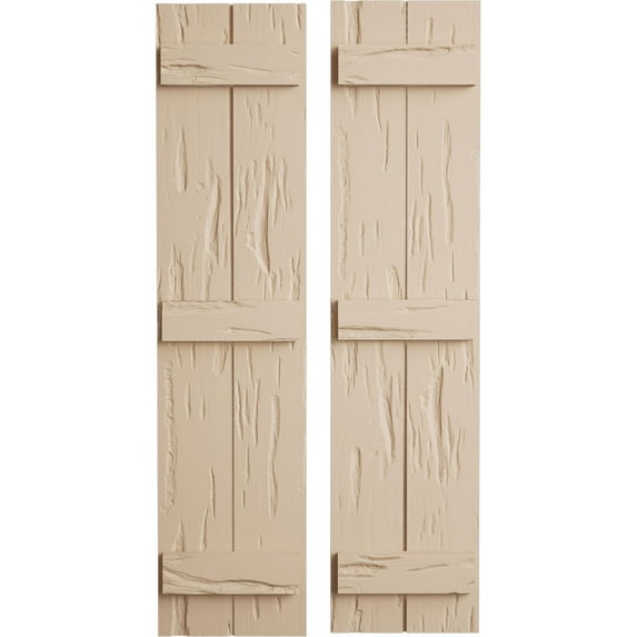Ekena Millwork 11"W x 80"H Rustic Two Board Joined Board-n-Batten Pecky Cypress Faux Wood Shutters (Per Pair), Primed Tan