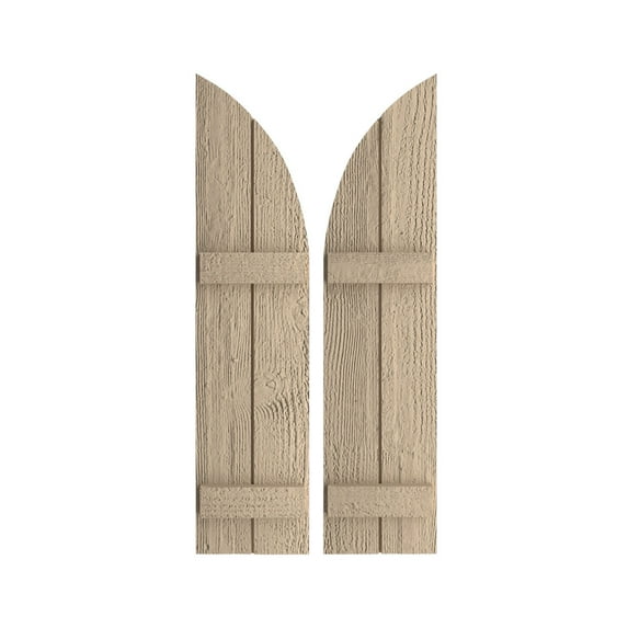 Ekena Millwork 11"W x 82"H (71" Low Side) Timberthane Rough Sawn Two Board Joined Board-n-Batten w/Quarter Round Arch Top Faux Wood Shutters (Per Pair), Primed Tan
