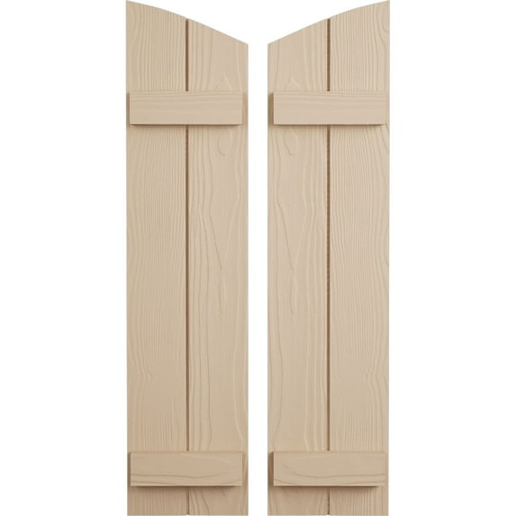 Ekena Millwork 11"W x 84"H (80 3/8" Low Side) Timberthane Sandblasted Two Board Joined Board-n-Batten w/Elliptical Top Faux Wood Shutters (Per Pair), Primed Tan