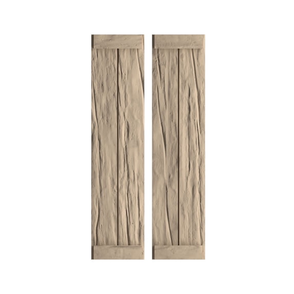 Ekena Millwork 11"W x 88"H Rustic Two Board Joined Board-n-Batten Riverwood Faux Wood Shutters w/End Batten (Per Pair), Primed Tan
