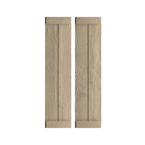 Ekena Millwork 11"W x 88"H Rustic Two Board Joined Board-n-Batten Rough Sawn Faux Wood Shutters w/End Batten (Per Pair), Primed Tan