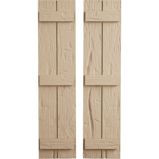 Ekena Millwork 11"W x 90"H Rustic Two Board Joined Board-n-Batten Hand Hewn Faux Wood Shutters (Per Pair), Primed Tan