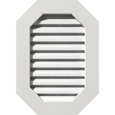 Ekena Millwork 12"W x 14"H Vertical Elongated Octagon (17"W x 19"H Frame Size) Functional, PVC Gable Vent with 1" x 4" Flat Trim Frame