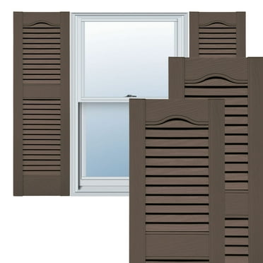 Ekena Millwork 12"W x 25"H Lifetime Vinyl, Standard Cathedral Top Center Mullion, Open Louver Shutters, w/Installation Shutter-Lok's & Matching Screws (Per Pair), French Roast