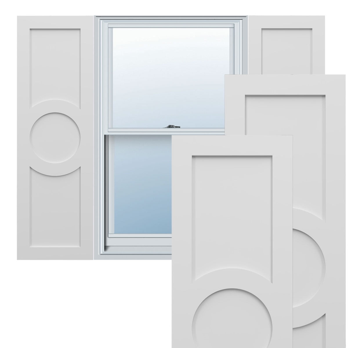 Ekena Millwork 12"W x 25"H True Fit PVC Center Circle Arts & Crafts Fixed Mount Shutters, White (Per Pair - Hardware Not Included)