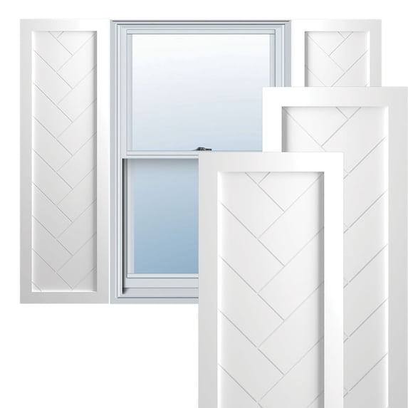 Ekena Millwork 12"W x 25"H True Fit PVC Single Panel Herringbone Modern Style Fixed Mount Shutters, White (Per Pair - Hardware Not Included)