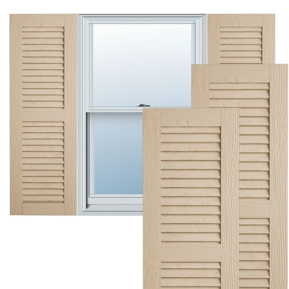 Ekena Millwork 12"W x 28"H Rustic Two Equal Louver Sandblasted Faux Wood Shutters (Per Pair), Primed Tan