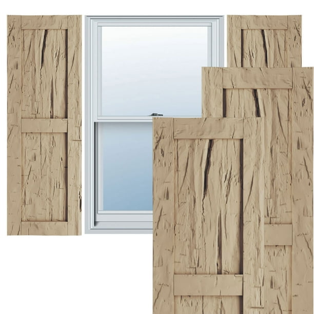 Ekena Millwork 12"W x 28"H Rustic Two Equal Panel Flat Panel Hand Hewn Faux Wood Shutters (Per Pair), Primed Tan