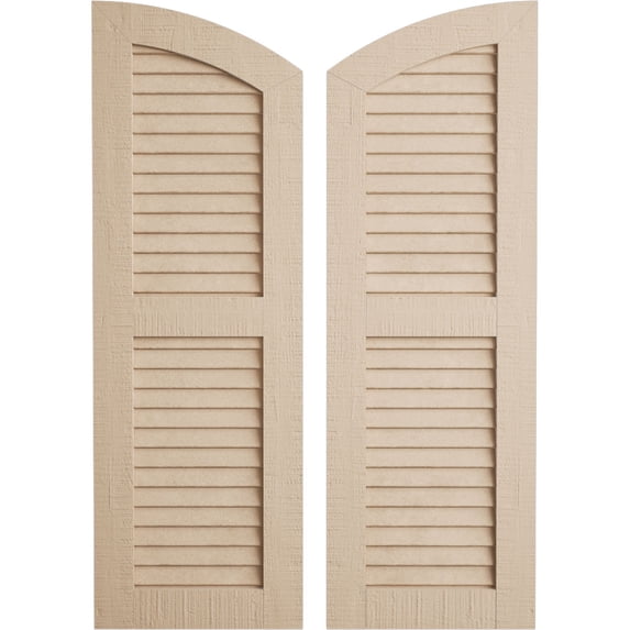 Ekena Millwork 12"W x 30"H (26" Low Side) Timberthane Rough Cedar Two Equal Louver w/Elliptical Top Faux Wood Shutters (Per Pair), Primed Tan