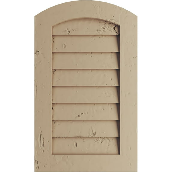 Ekena Millwork 12"W x 33"H Timberthane Knotty Pine Arch Top Faux Wood Non-Functional Gable Vent, Primed Tan