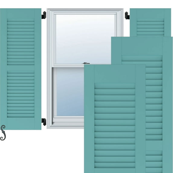 Ekena Millwork 12"W x 35"H Americraft Two Equal Louver Exterior Real Wood Shutters (Per Pair), Pure Turquoise