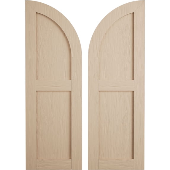 Ekena Millwork 12"W x 36"H (24" Low Side) Timberthane Rough Sawn Two Equal Flat Panel w/Quarter Round Arch Top Faux Wood Shutters (Per Pair), Primed Tan