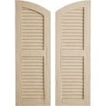 thumbnail image 1 of Ekena Millwork 12"W x 36"H (32" Low Side) Timberthane Hand Hewn Two Equal Louver w/Elliptical Top Faux Wood Shutters (Per Pair), Primed Tan, 1 of 6